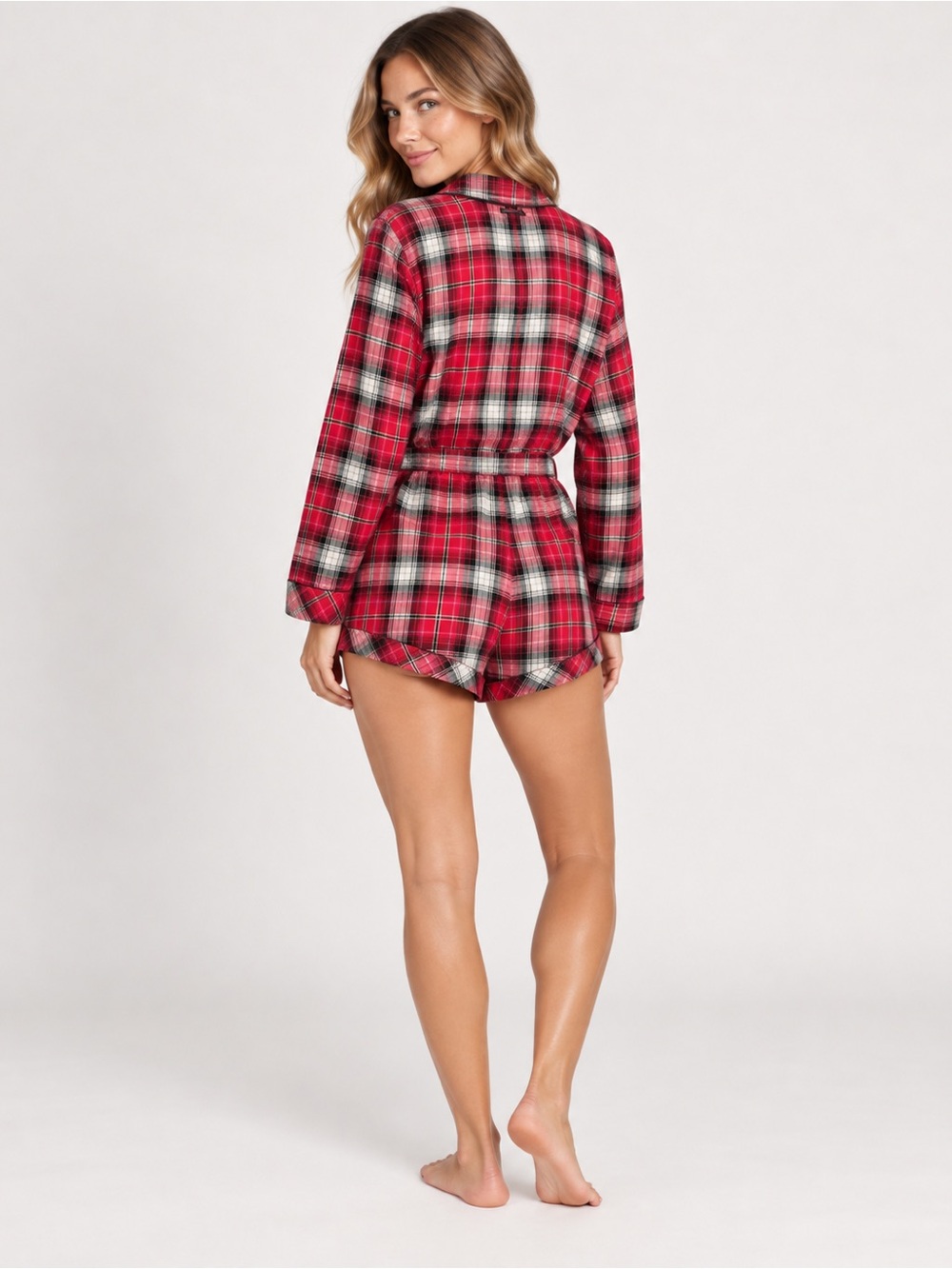 Victoria’s Secret Holiday Plaid Flannel Pajama Romper Red Pink Gold Size XL - Picture 3 of 11